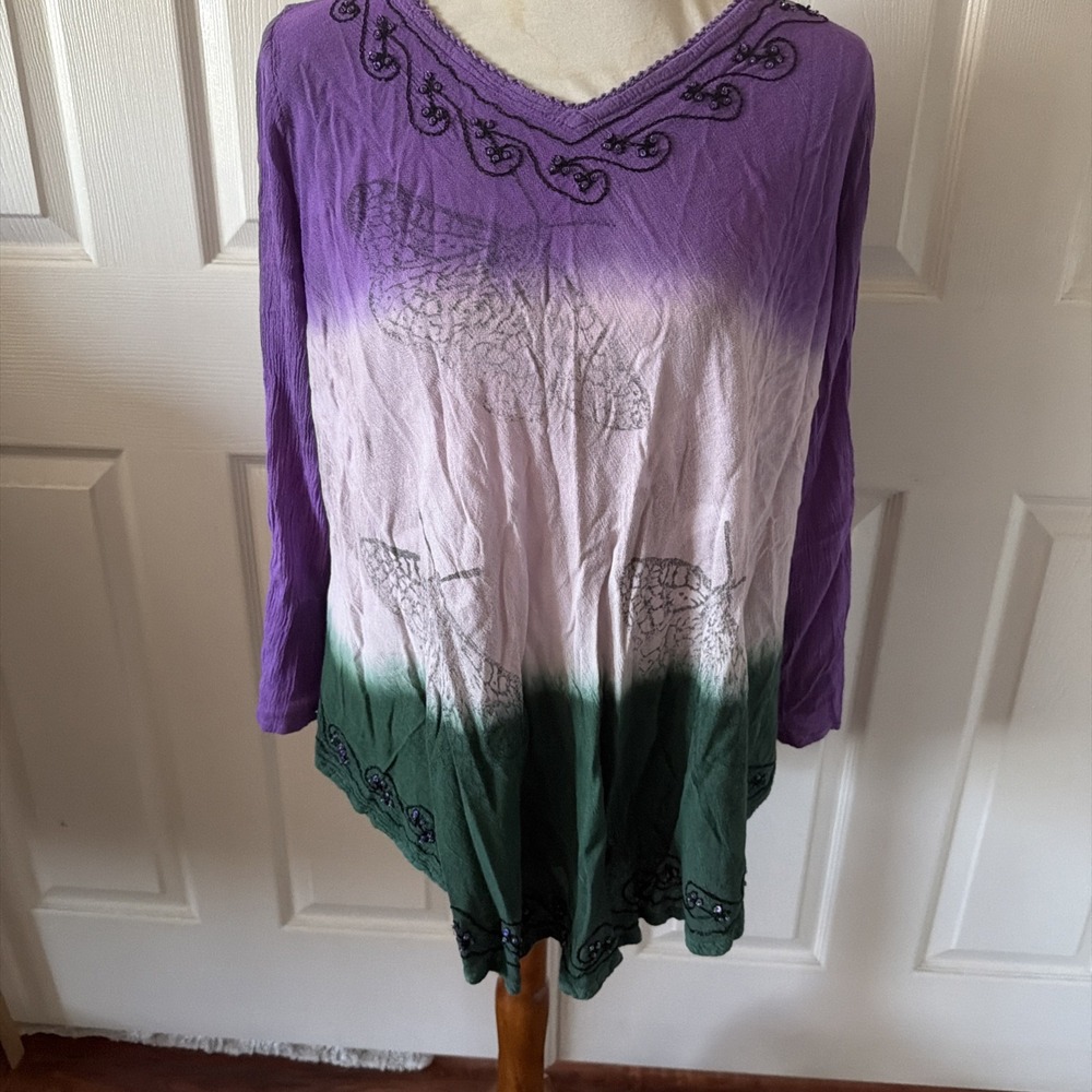Greater Good L/XL Rayon Boho Tunic Top Ombre Butterfly Beaded Long Sleeve Artsy
